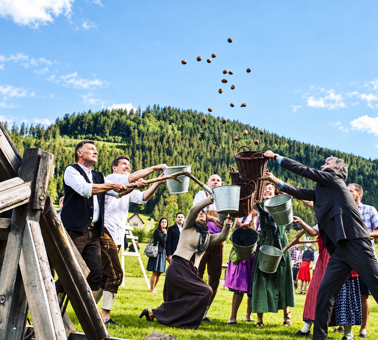 Gäste fangen beim Holzspiel auf einer Schwarzwaldwiese Kugeln mit Eimern und Körben